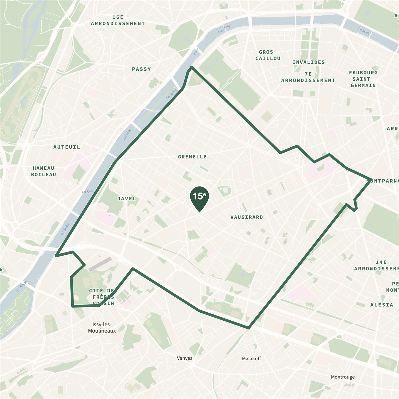 Carte du 15e arrondissement de Paris situant les quartiers Grenelle, Javel, Necker, Saint-Lambert et Convention